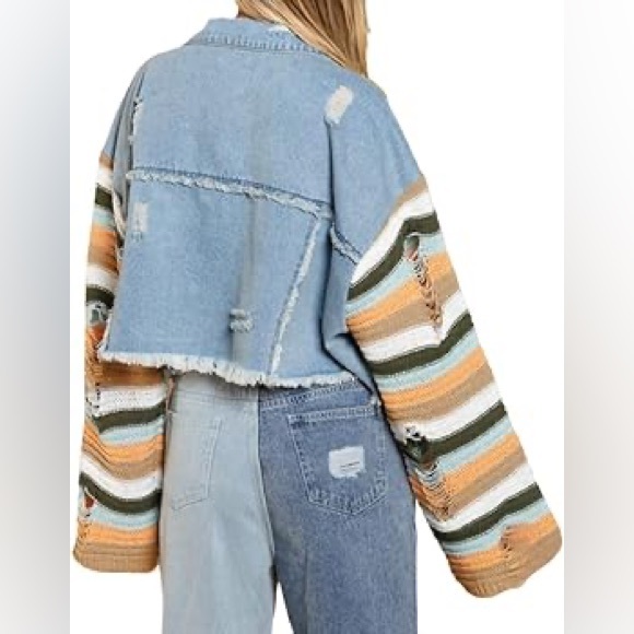 064. POL Distressed Oversized Crop Denim Ripped Stripe Crochet Sleeve Jacket - Picture 4 of 14